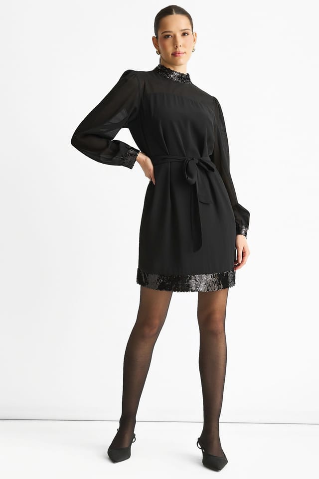 Gini London Gini London Women's Black Sequin Trim High Neck Belted Mini Dress - 3