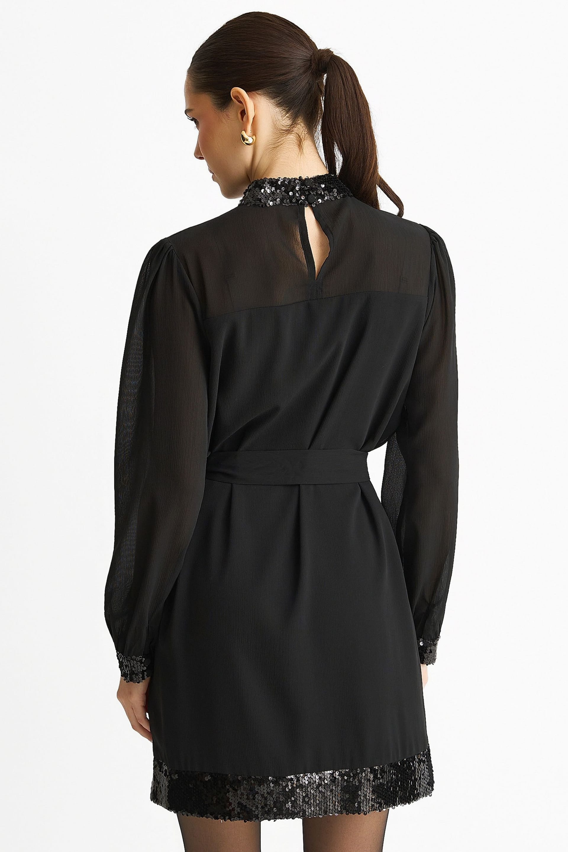 Gini London Gini London Women's Black Sequin Trim High Neck Belted Mini Dress - 4