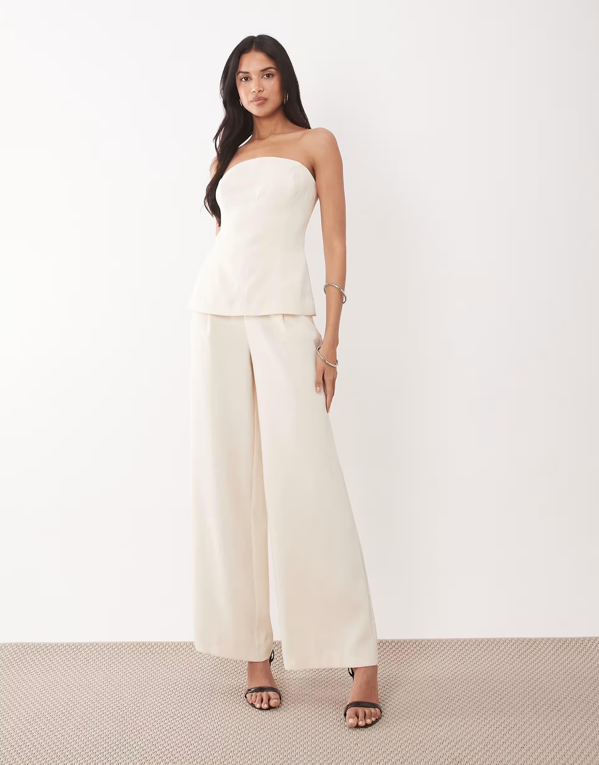 ASOS Rare London tailored bandeau peplum detail split side wide leg jumpsuit in cream