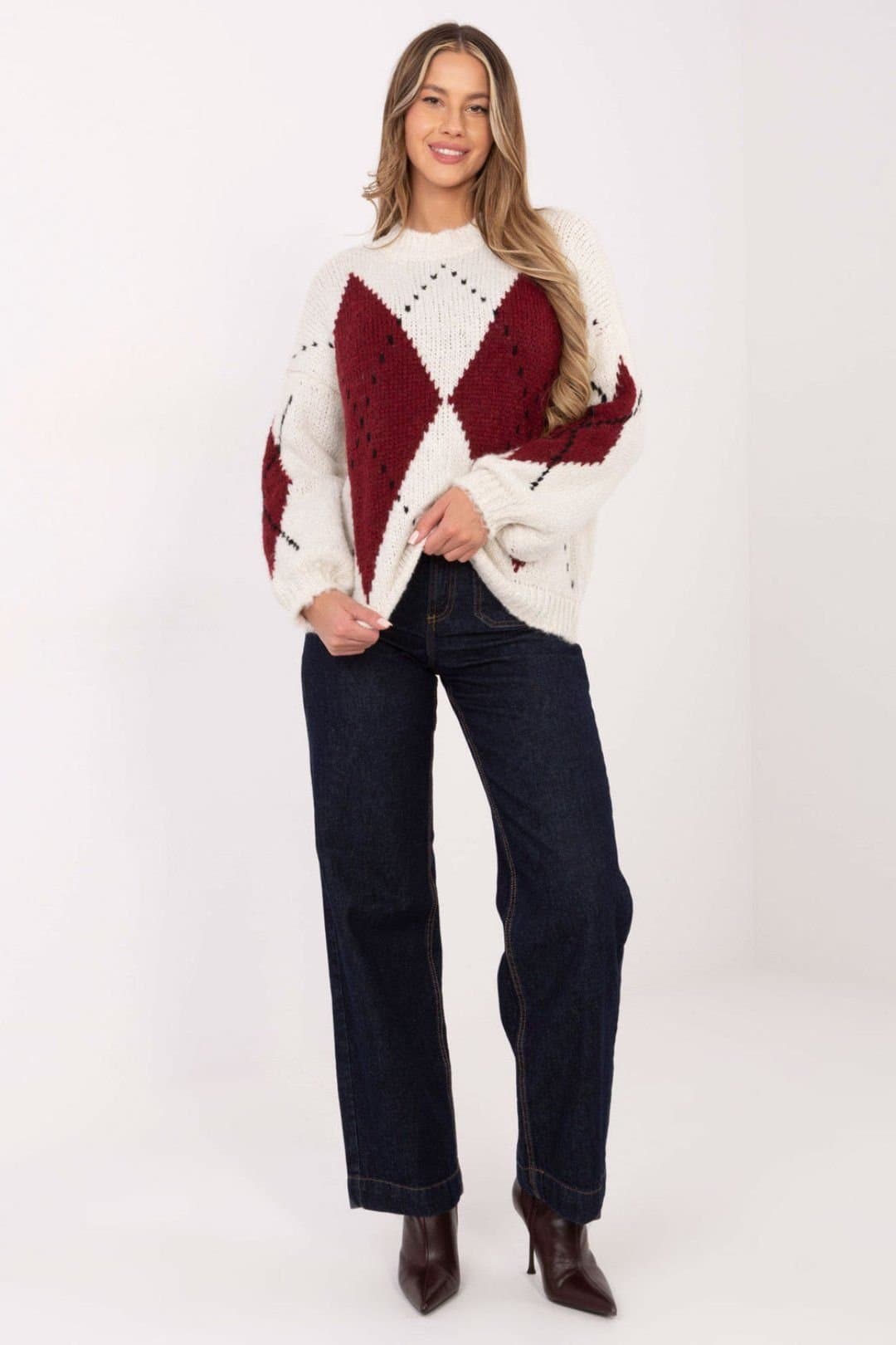 Love Lace Love Lace Off-White Geometric Puff Sleeve Sweater