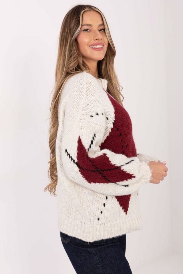 Love Lace Love Lace Women's Geometric Puff Sleeve Round Neck Sweater in Off-White - 3