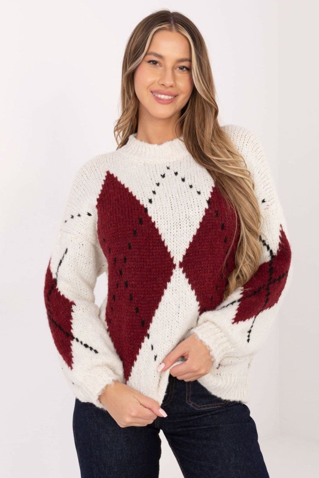 Love Lace Love Lace Women's Geometric Puff Sleeve Round Neck Sweater in Off-White - 4