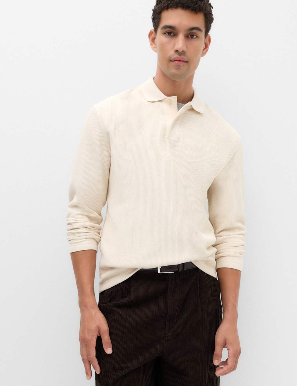 Marks & Spencer M&S Cotton Blend Ribbed Long Sleeve Polo Shirt Ecru