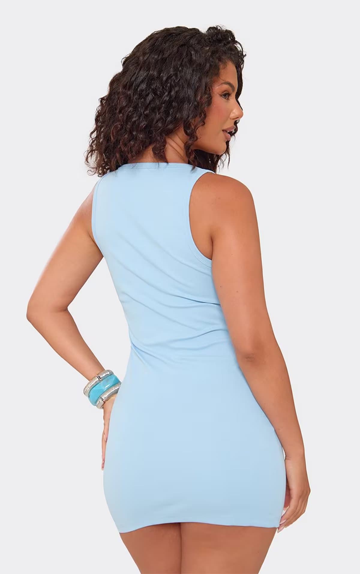 EGO Scoop Neck Beaded Graphic Detail Mini Bodycon Dress In Blue, Women's Size UK 12