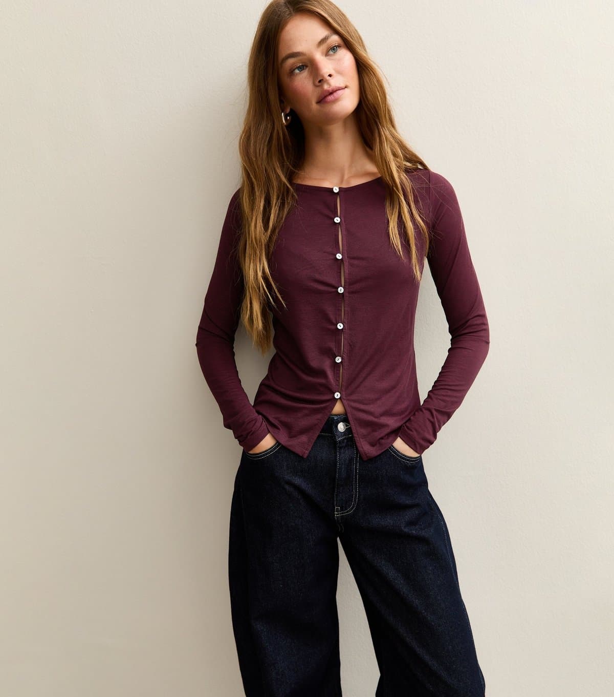New Look Women's Burgundy Button Through Long Sleeve Top New Look