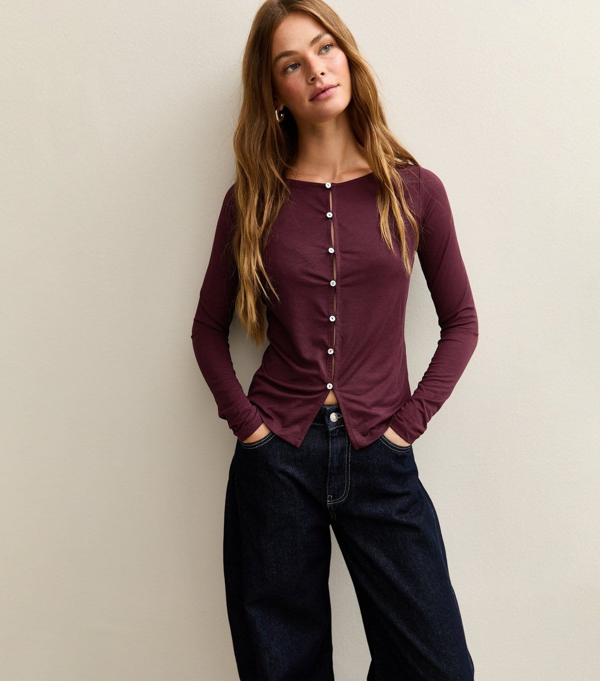New Look Burgundy Mesh Long Sleeve Top