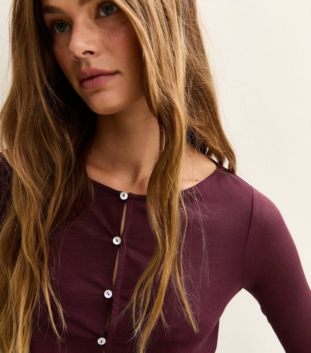 New Look Women's Burgundy Button Through Long Sleeve Top New Look - 2