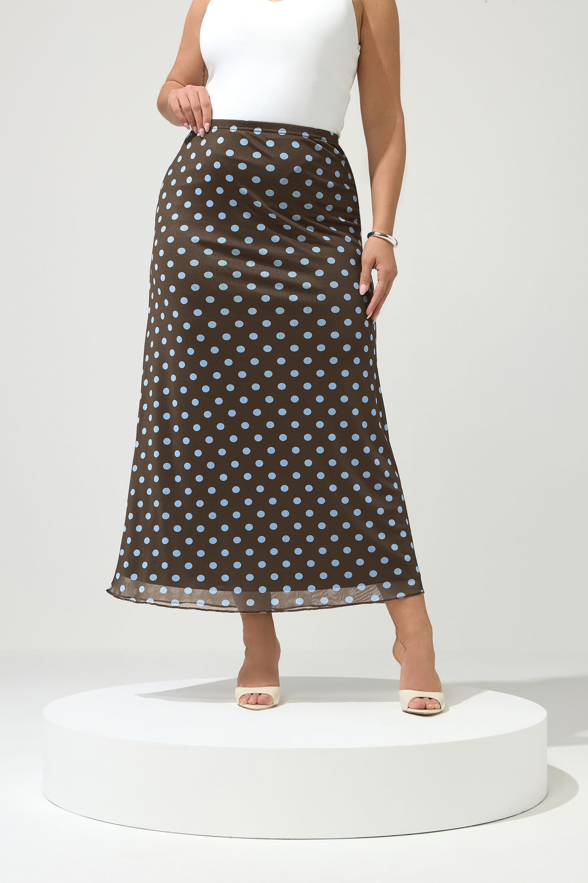 Yours London Plus Size Brown & Blue Polka Dot Maxi Skirt