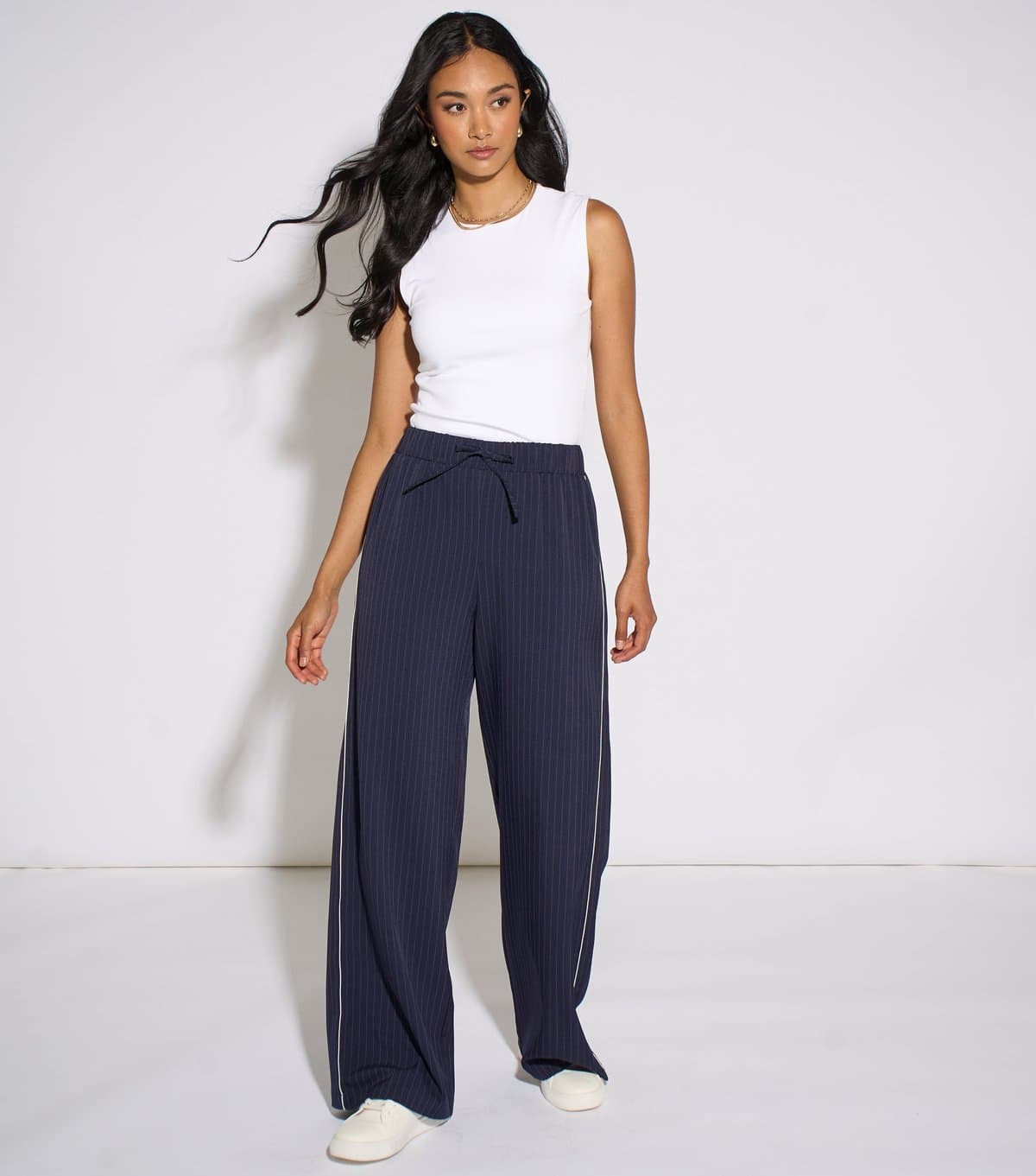 Gini London Women's Navy Pinstripe Drawstring Wide Leg Trousers Gini London New Look