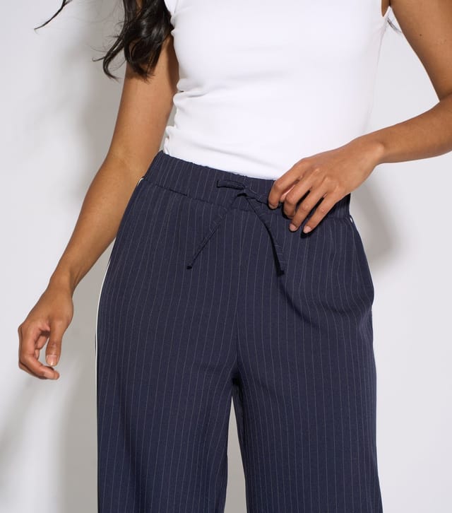 Gini London Women's Navy Pinstripe Drawstring Wide Leg Trousers Gini London New Look - 2