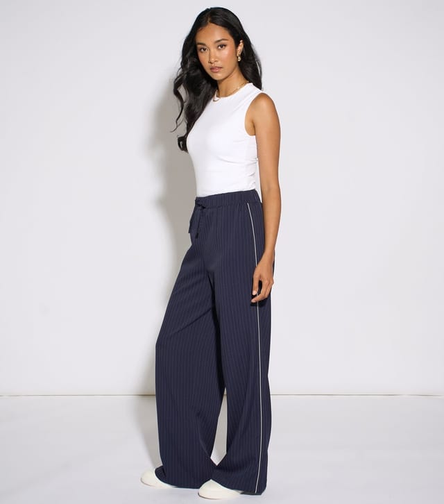 Gini London Women's Navy Pinstripe Drawstring Wide Leg Trousers Gini London New Look - 3
