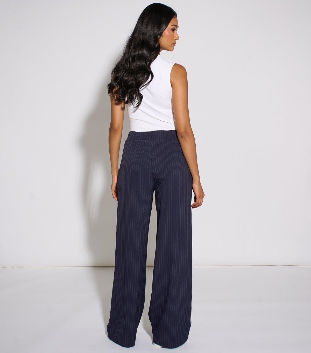 Gini London Women's Navy Pinstripe Drawstring Wide Leg Trousers Gini London New Look - 4