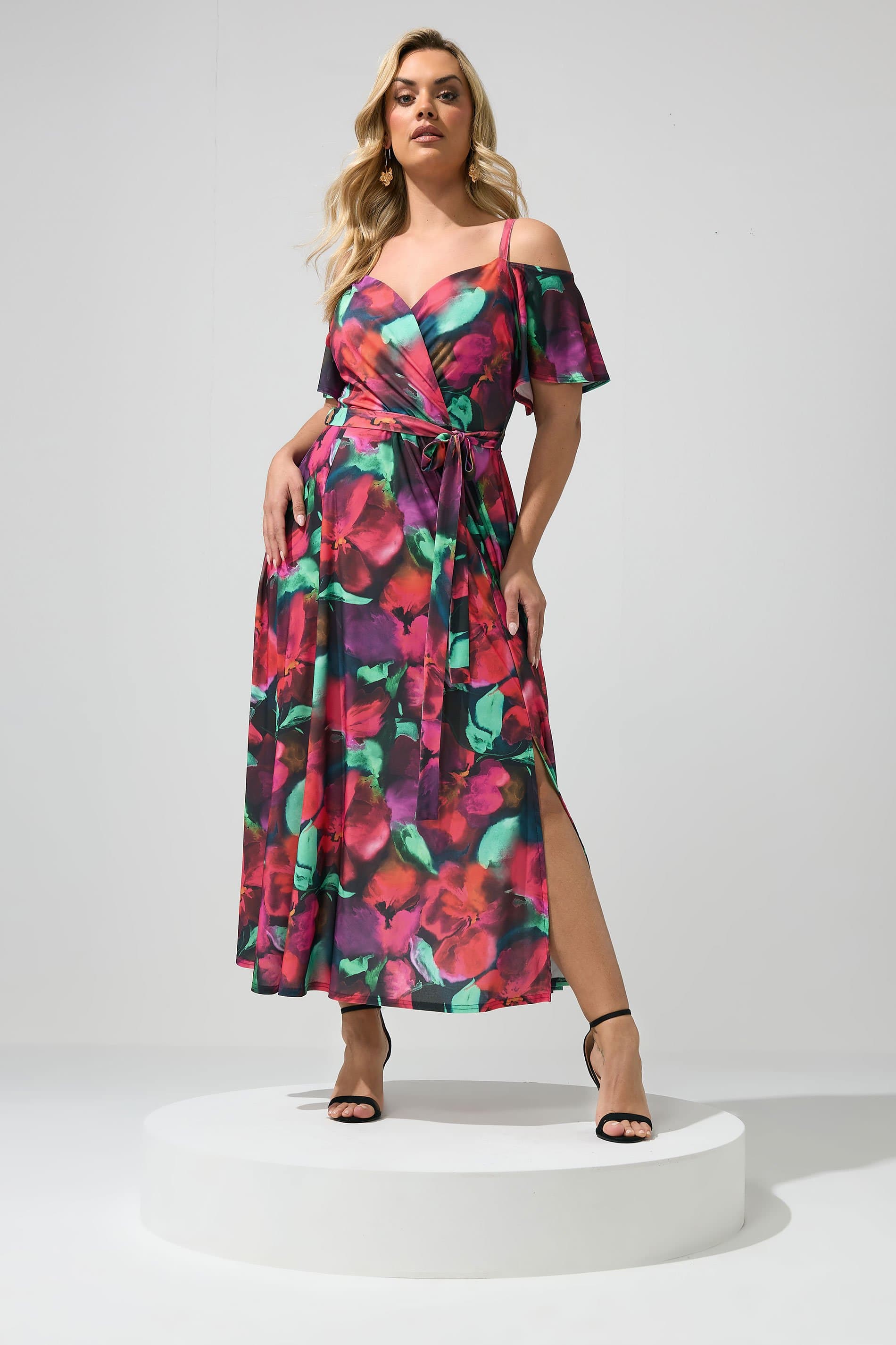Yours London Plus Size Red & Purple Abstract Floral Print Maxi Dress