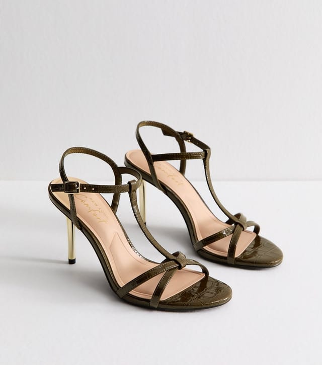 New Look Women's Dark Khaki Faux Leather T-Bar Metallic Heel Stiletto Sandals Vegan New Look - 2