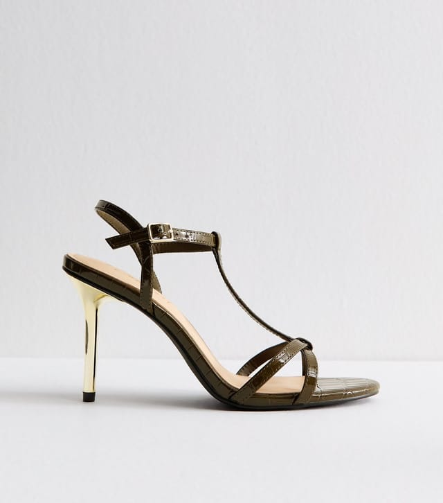 New Look Women's Dark Khaki Faux Leather T-Bar Metallic Heel Stiletto Sandals Vegan New Look - 3