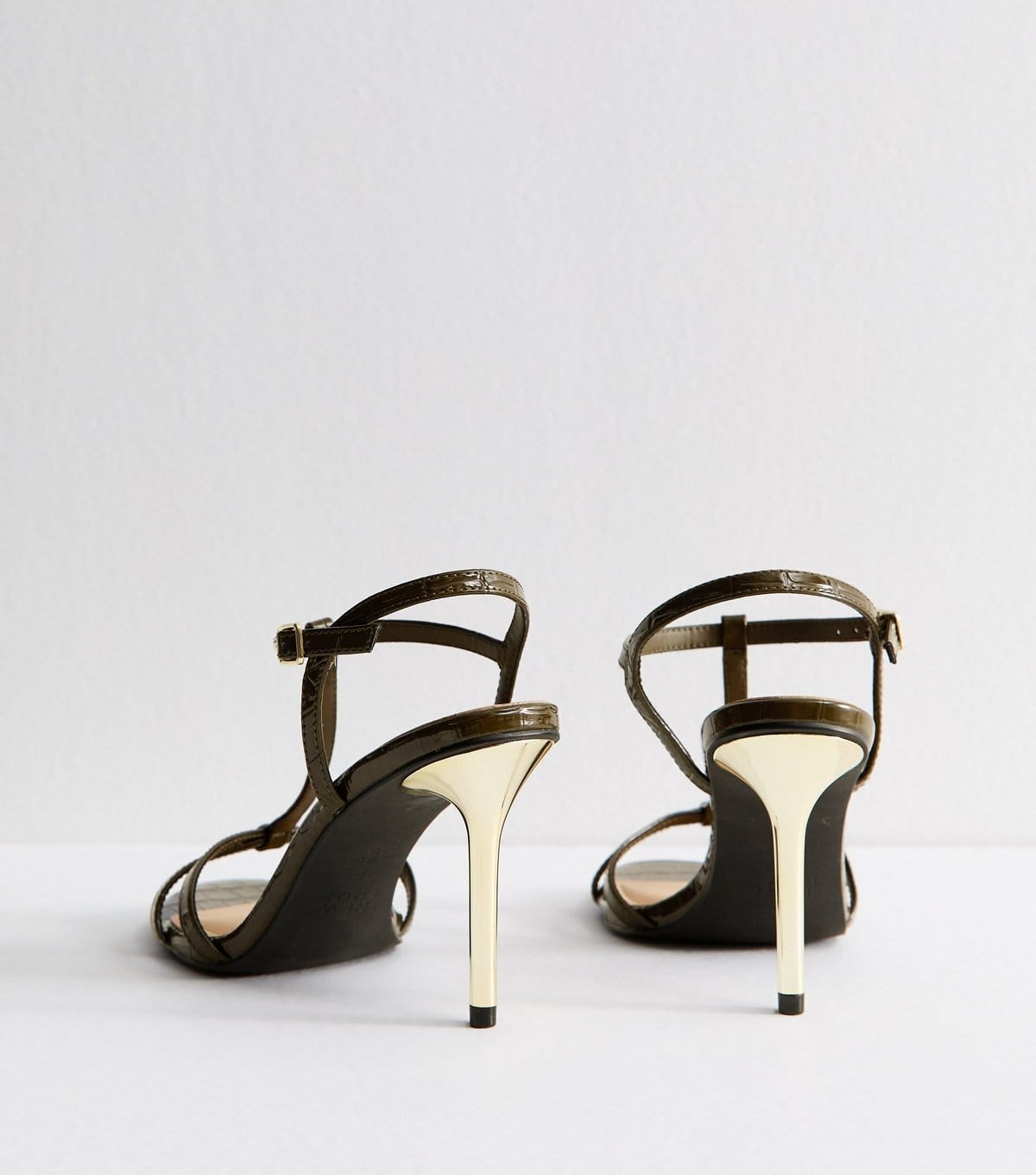 New Look Women's Dark Khaki Faux Leather T-Bar Metallic Heel Stiletto Sandals Vegan New Look - 4