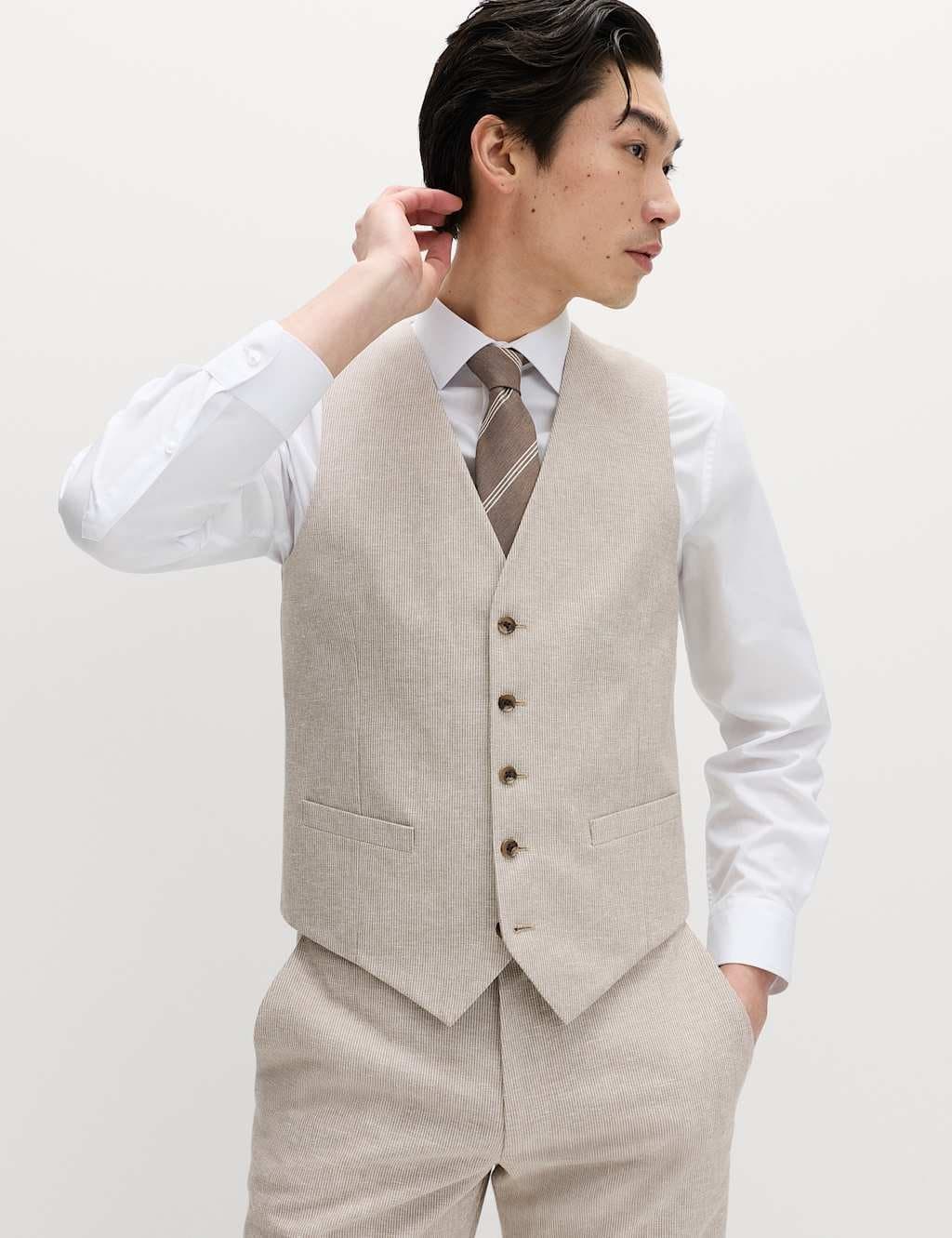 Marks & Spencer M&S Cotton Linen Blend Striped Waistcoat Neutral