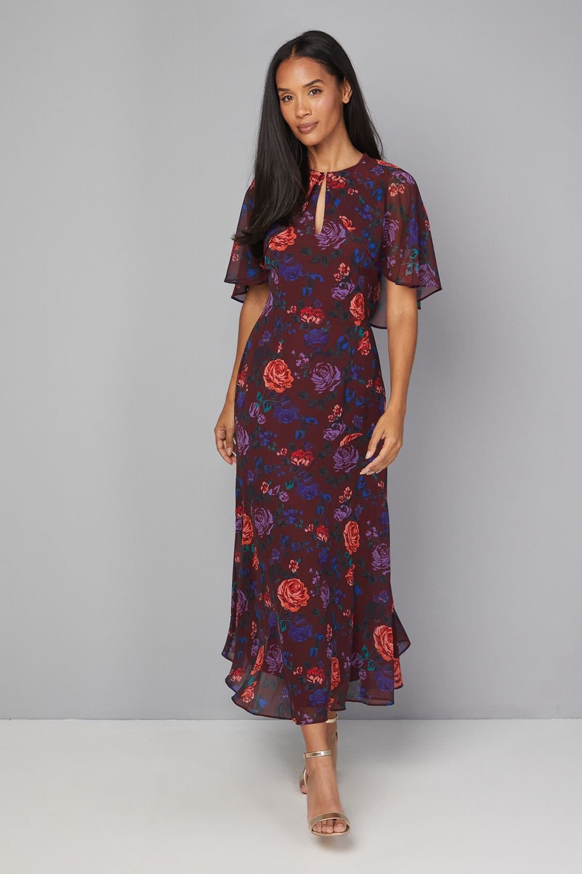 Wallis Wallis Women's Floral Cape Sleeve Midi Dress in Burgundy