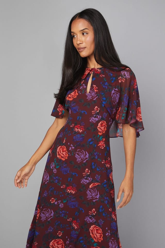 Wallis Wallis Women's Floral Cape Sleeve Midi Dress in Burgundy - 2