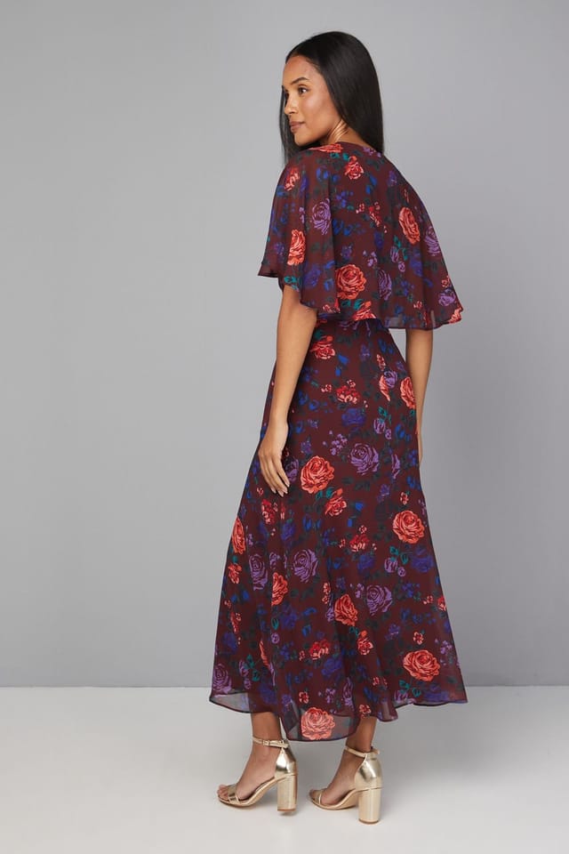 Wallis Wallis Women's Floral Cape Sleeve Midi Dress in Burgundy - 3
