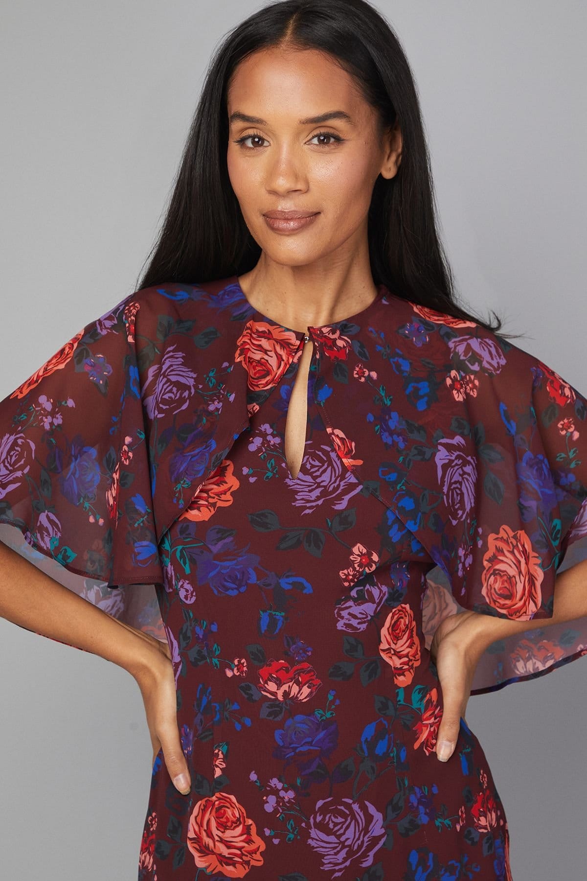 Wallis Wallis Women's Floral Cape Sleeve Midi Dress in Burgundy - 4