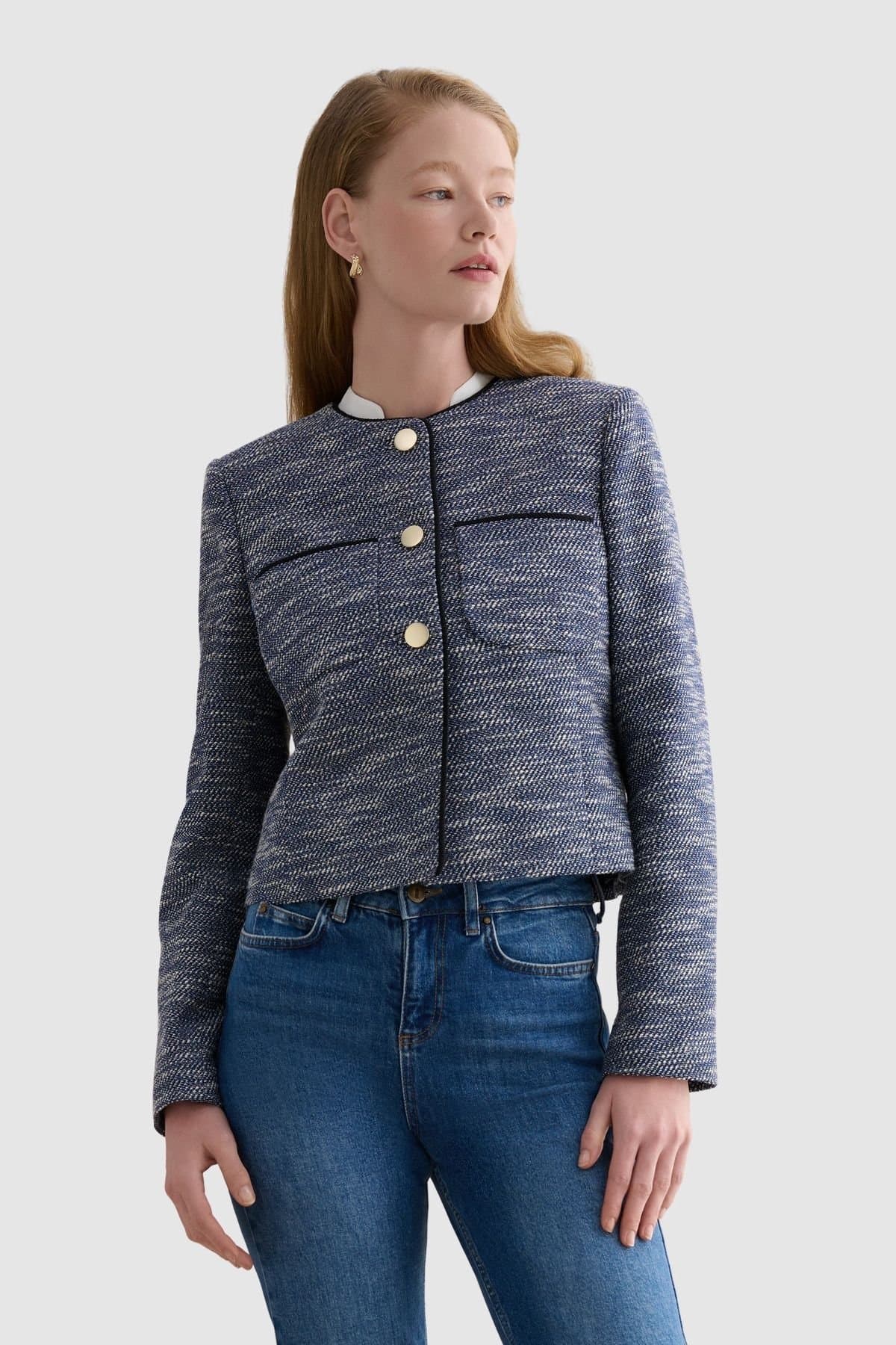 Hobbs London Hobbs London Women's Aleena Cropped Textured Jacket in Mid Navy