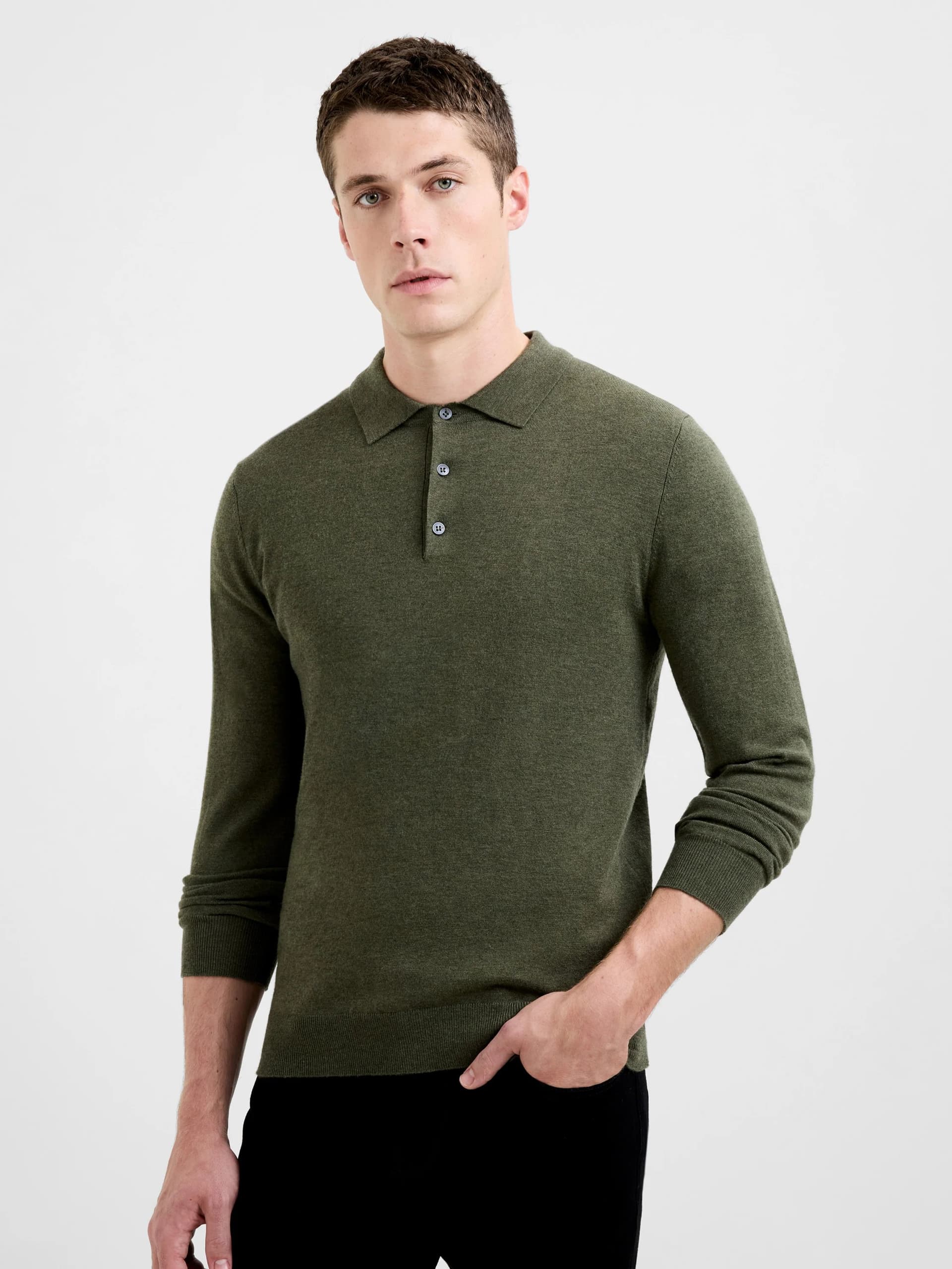 French Connection 3 Button Long Sleeve Knit Polo Shirt Olive Green