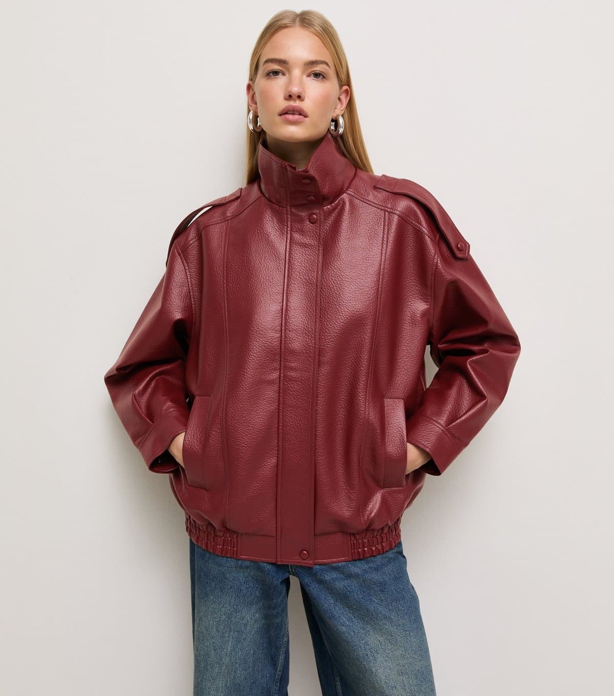 New Look Women's Dark Red Faux Leather Funnel Neck Oversized Jacket New Look