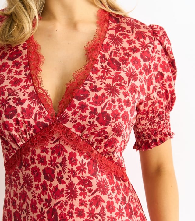 Gini London Women's Red Floral Print Lace Trim Midi Dress Gini London New Look - 2