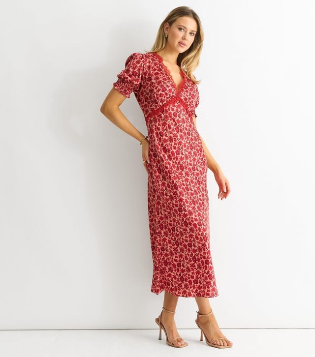 Gini London Women's Red Floral Print Lace Trim Midi Dress Gini London New Look - 3