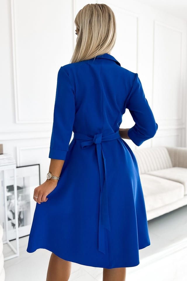 Love Lace Love Lace Women's Shirred Flared Dress with Belt in Blue - 3