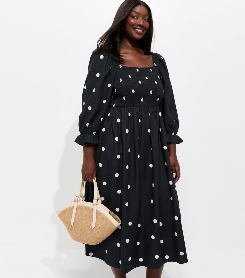 New Look Women's Plus Size Black Polka Dot Shirred Cropped Sleeve Midi Dress Curves New Look - 1