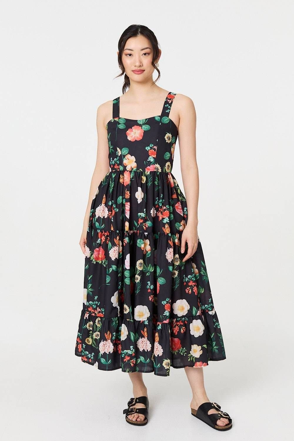 Izabel London Izabel London Women's Floral Sleeveless Skater Midi Dress in Black