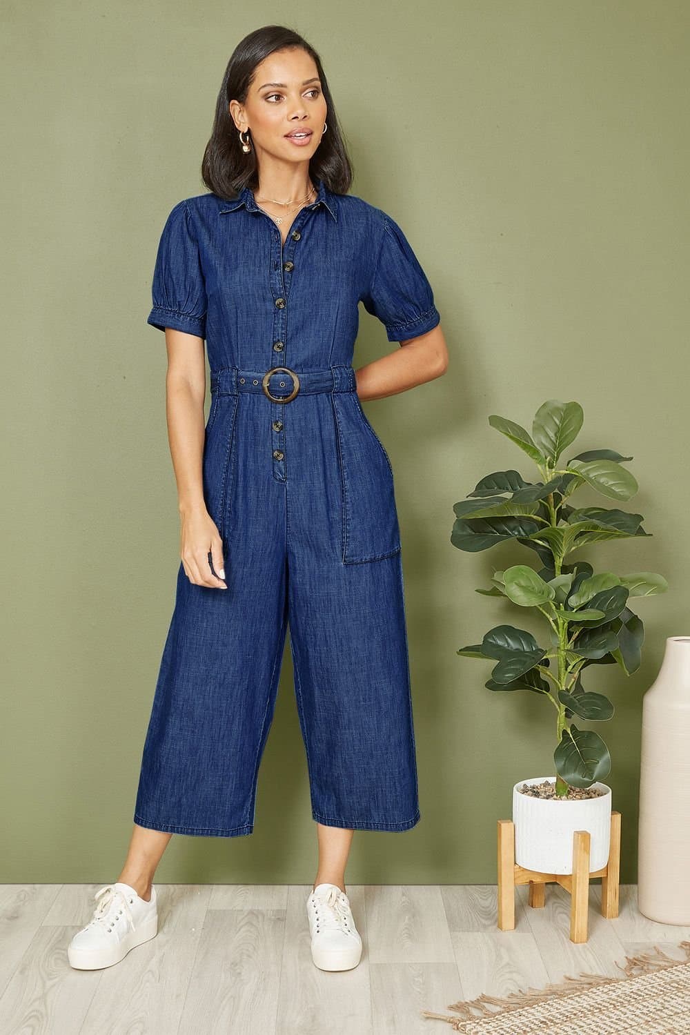 Yumi Yumi Women's Blue Cotton Chambray Button Up Jumpsuit