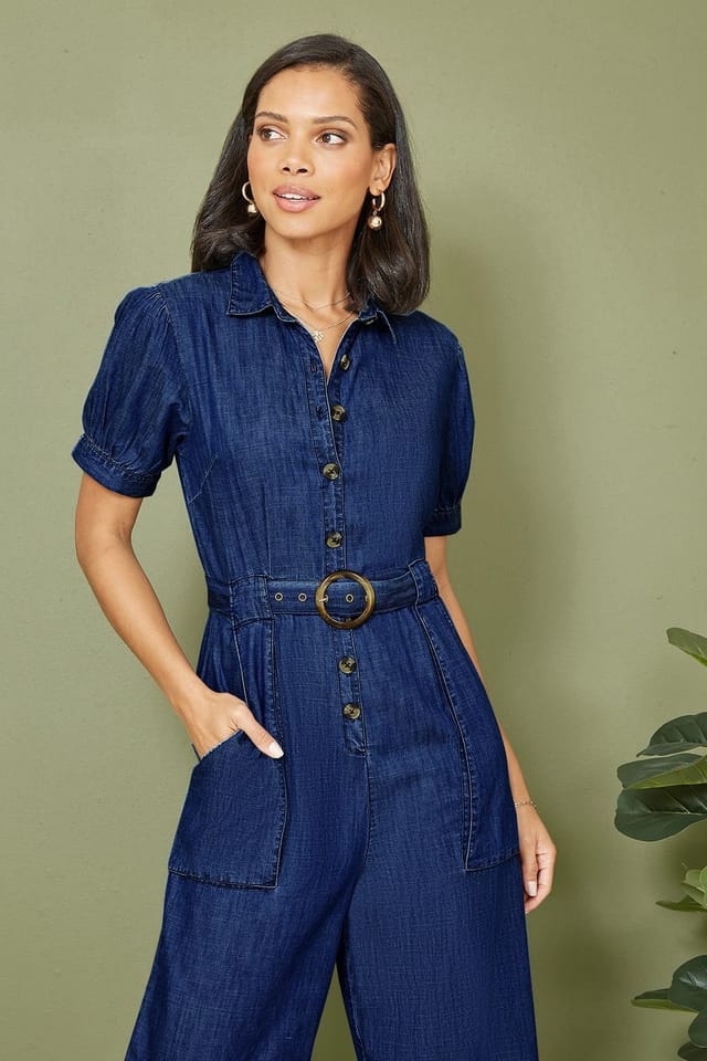 Yumi Yumi Women's Blue Cotton Chambray Button Up Jumpsuit - 2