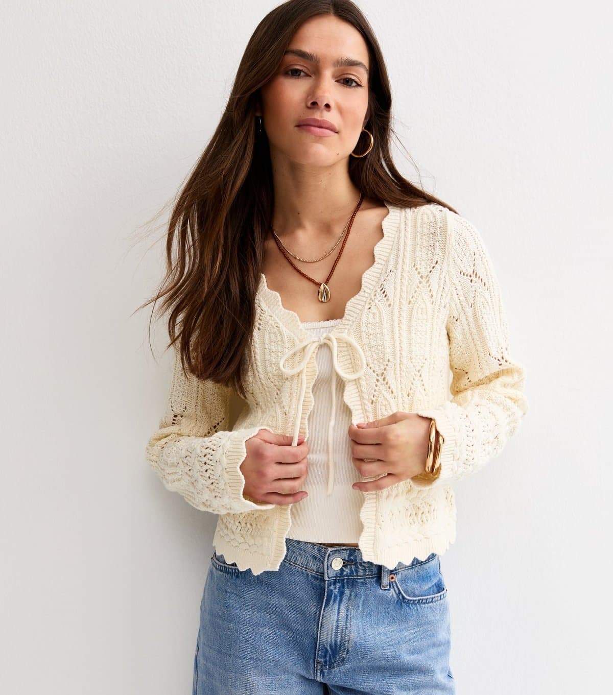 New Look Women's Petite Cream Cotton Rich Stitchy Crochet-Look Knit Tie Cardigan New Look