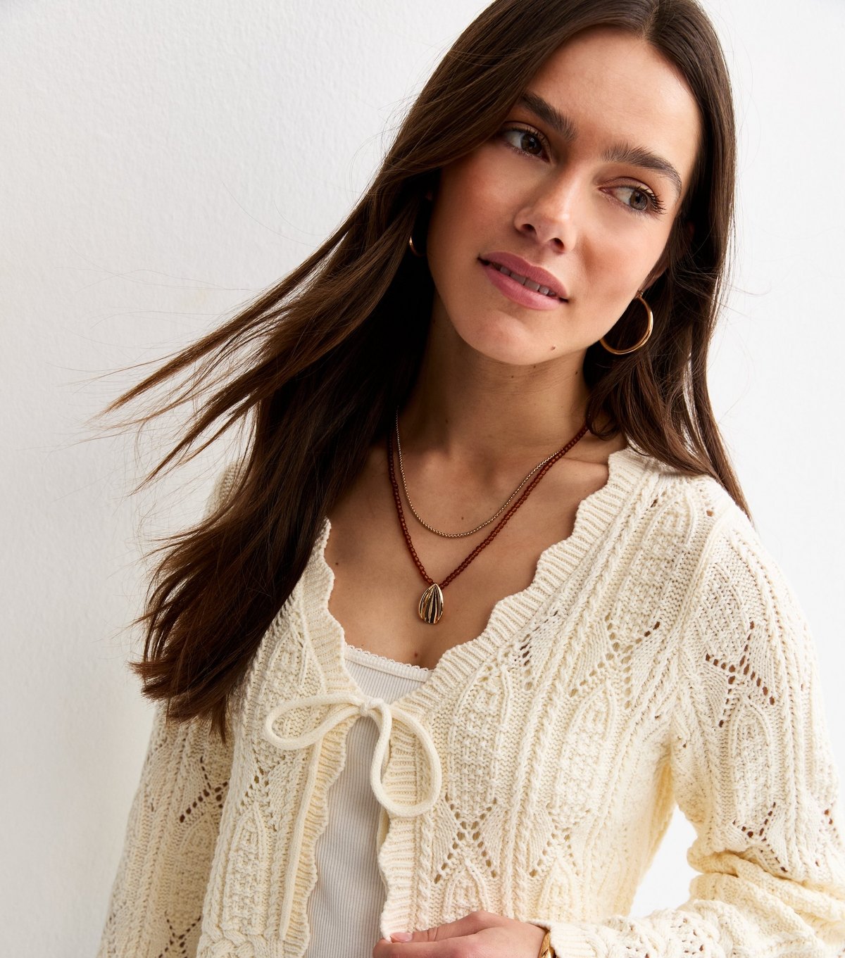 New Look Women's Petite Cream Cotton Rich Stitchy Crochet-Look Knit Tie Cardigan New Look - 2