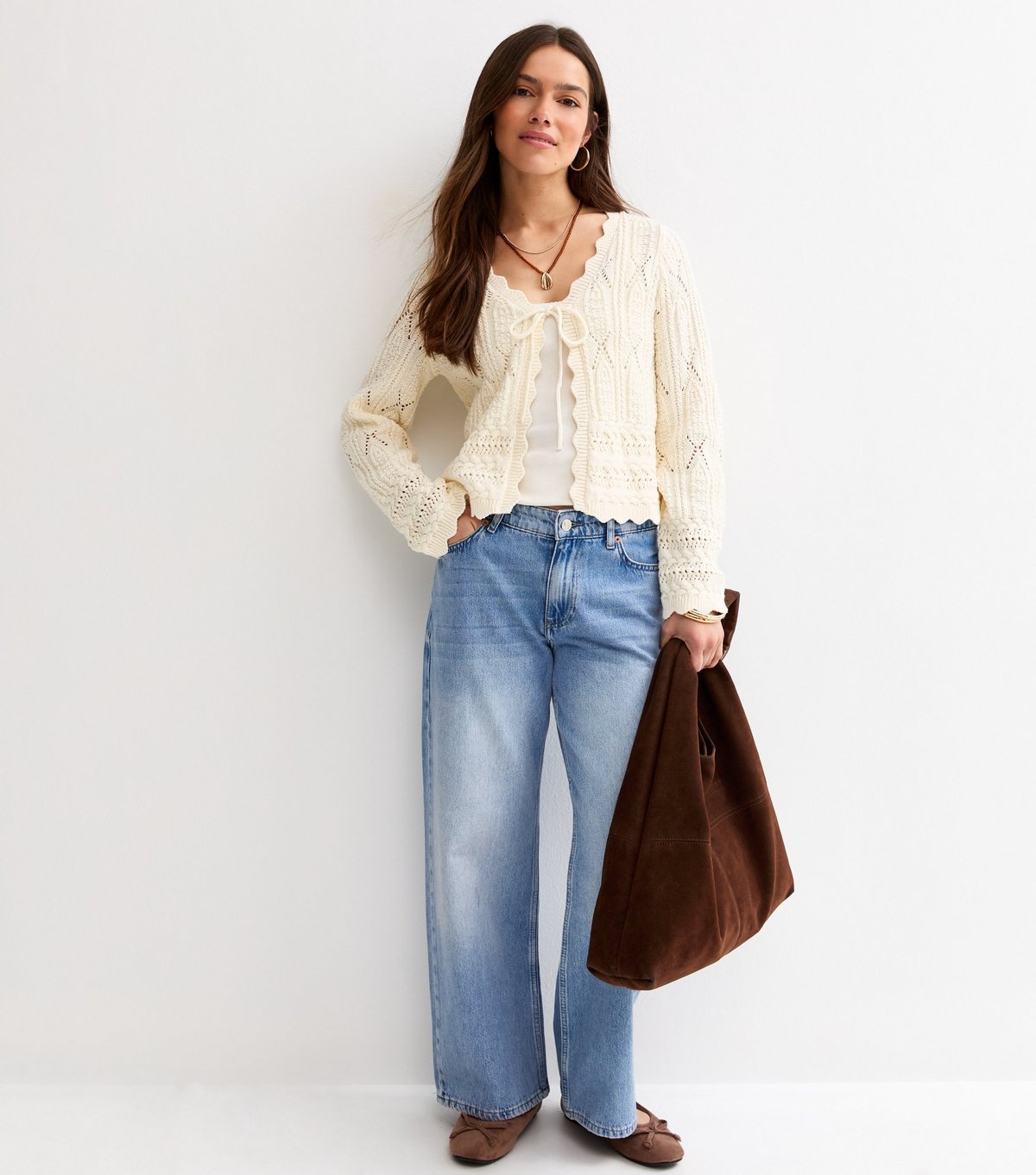 New Look Women's Petite Cream Cotton Rich Stitchy Crochet-Look Knit Tie Cardigan New Look - 3