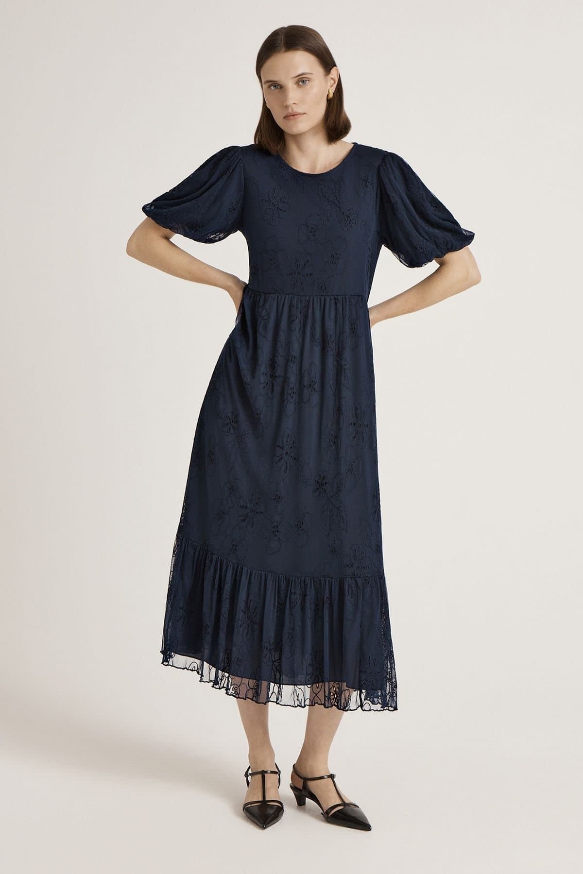 Finery London Finery London Women's Yasmine Floral Mesh Tiered Midi Dress in Dark Navy
