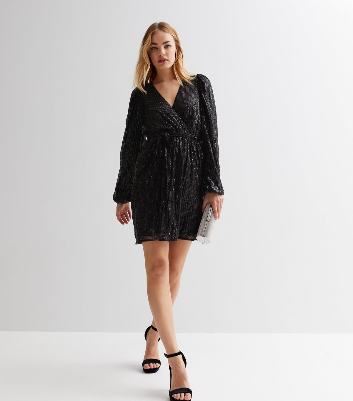 Gini London Women's Black Sequin V Neck Long Sleeve Belted Mini Wrap Dress Gini London New Look