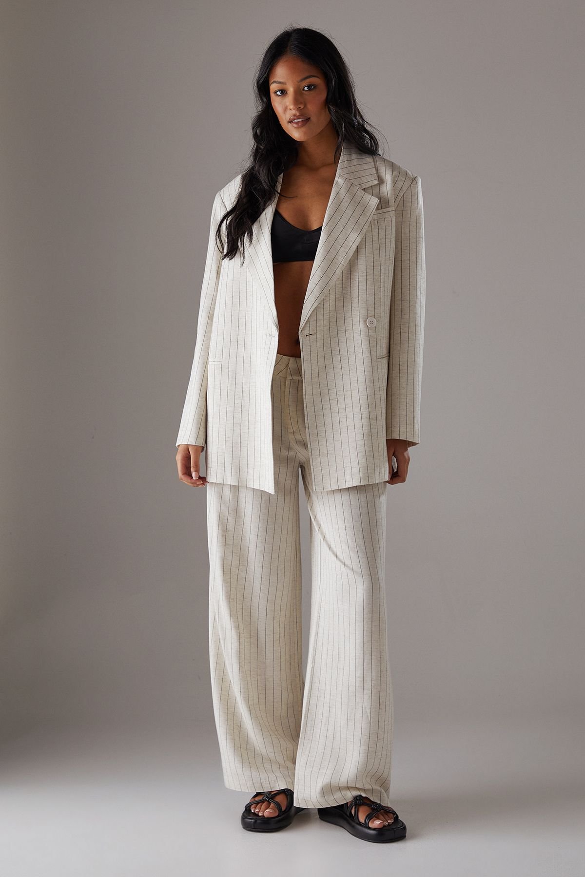 Warehouse Warehouse Women's Linen Look Pinstripe Blazer in Natural - 2