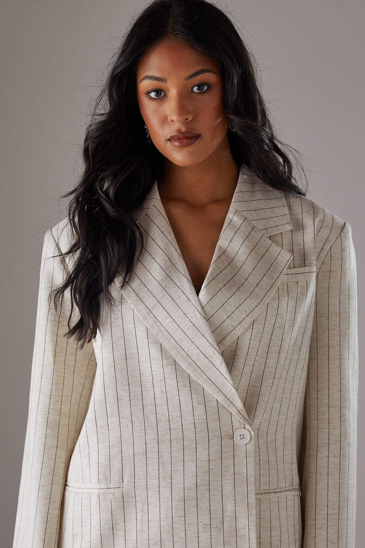 Warehouse Warehouse Women's Linen Look Pinstripe Blazer in Natural - 3