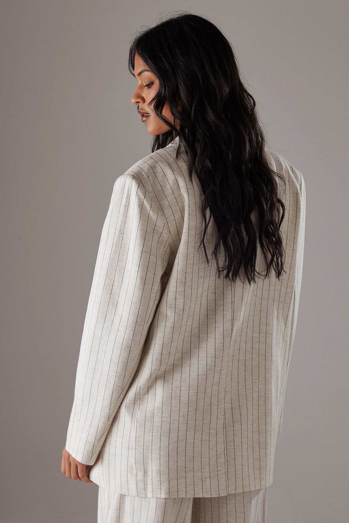 Warehouse Warehouse Women's Linen Look Pinstripe Blazer in Natural - 4