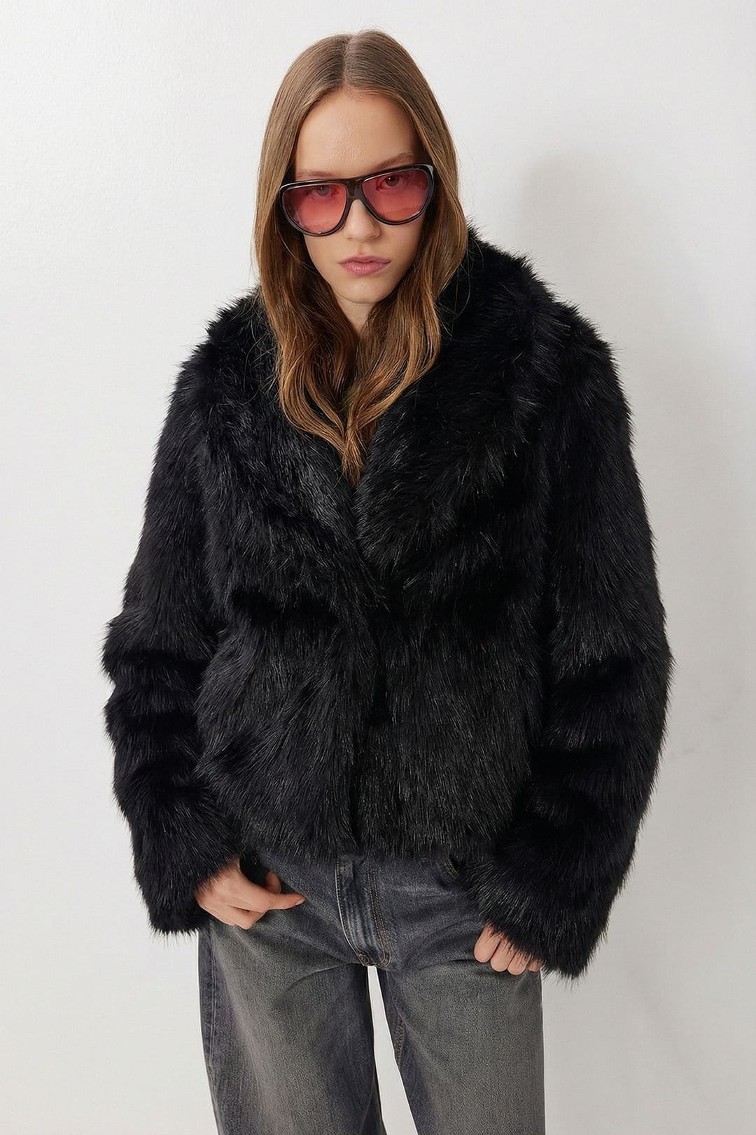 Happiness Istanbul Happiness Istanbul Women's Faux Fur Shawl Collar Jacket in Black - 4