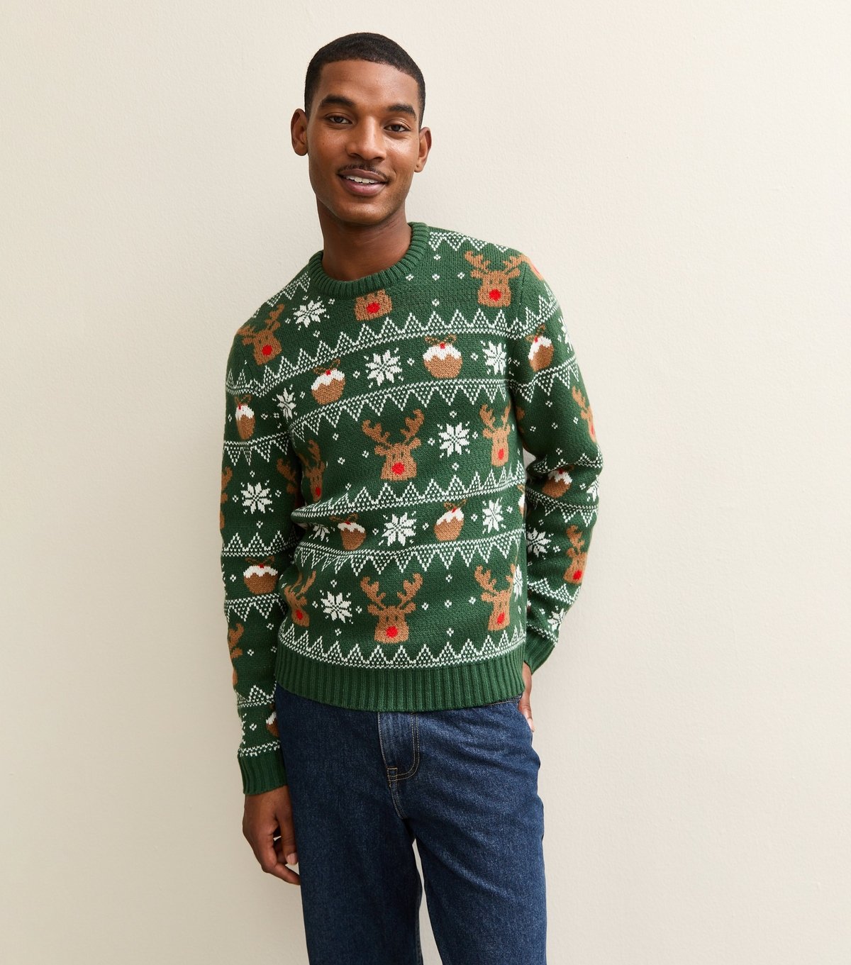New Look Men's Green Regular Reindeer Pattern Christmas Jumper New Look - 2