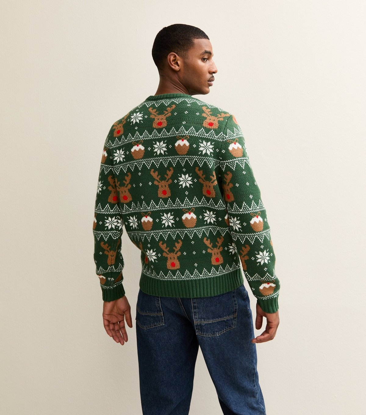 New Look Men's Green Regular Reindeer Pattern Christmas Jumper New Look - 4