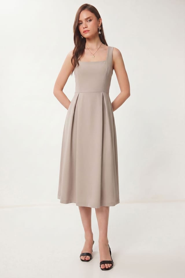 Happiness Istanbul Happiness Istanbul Women's Square Collar A-Form Midi Dress with Zipper Closure in Stone - 2