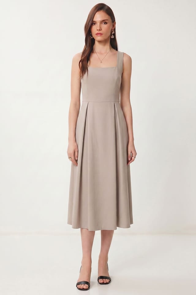 Happiness Istanbul Happiness Istanbul Women's Square Collar A-Form Midi Dress with Zipper Closure in Stone - 3