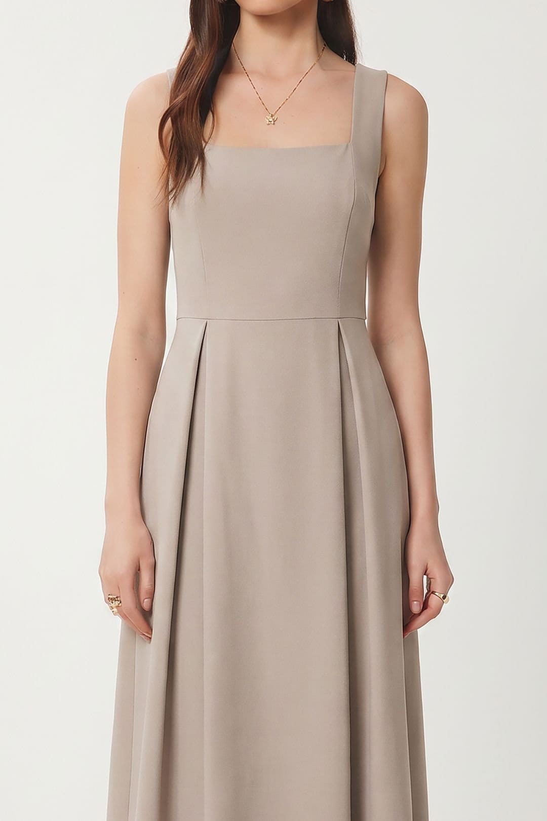 Happiness Istanbul Happiness Istanbul Women's Square Collar A-Form Midi Dress with Zipper Closure in Stone - 4