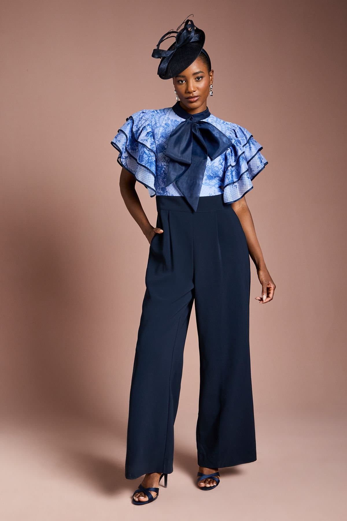 Coast Coast Women's Printed Organza Ruffle Sleeve Wide Leg Jumpsuit in Navy